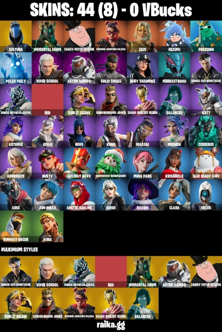 44 skins | Sultura | Immortal Form | Fancy Peter Griffin | Burning Ambition Valeria | Zeus | Nezumi | Poseidon | A3054