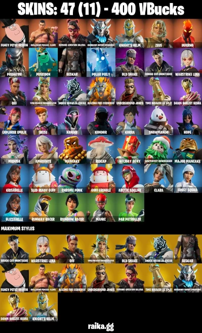 47 skins | Fancy Peter Griffin | Challenger Menace - Flame | Burning Ambition Valeria | Harbinger Armor Omegarok | A3056
