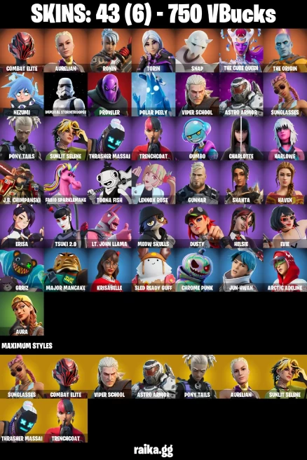 43 skins | Combat Elite | Aurelian | Ronin | Torin | Snap | The Cube Queen | The Origin | Nezumi | Imperial Stormtrooper | A3057