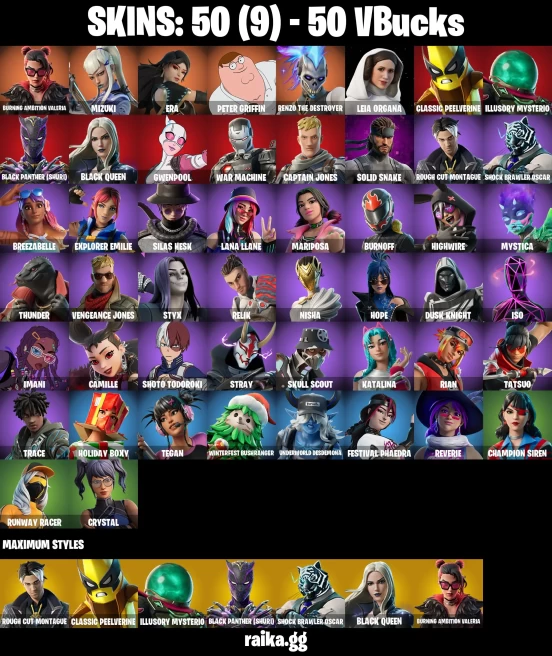 50 skins | Peter Griffin | Mizuki | Burning Ambition Valeria | Era | Renzo the Destroyer | Leia Organa | A3058