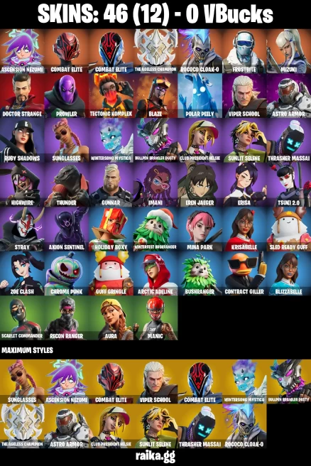 46 skins | Eren Jaeger | Mizuki | Ascension Nezumi | Combat Elite | Combat Elite | The Ageless Champion | Rococo Cloak-o | A3061