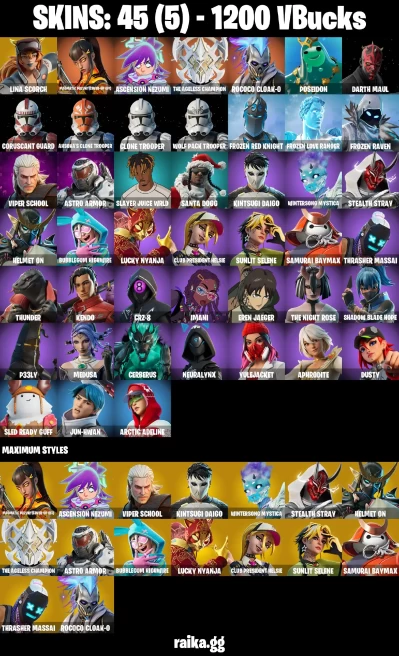 45 skins | Eren Jaeger | Lina Scorch | Magmatic Mizuki (Cover-up Off) | Ascension Nezumi | The Ageless Champion | A3063