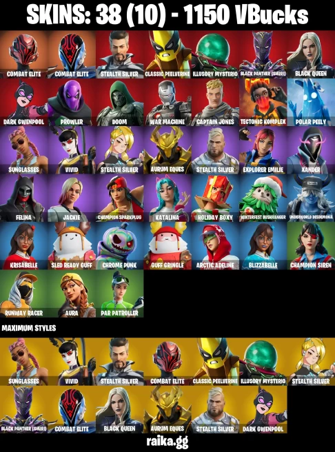 38 skins | Combat Elite | Combat Elite | Stealth Silver | Classic Peelverine | Illusory Mysterio | Black Panther (Shuri) | A3067
