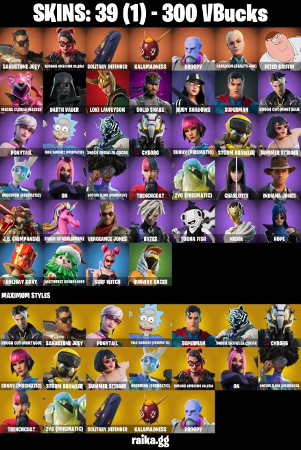 39 skins | Peter Griffin | Sandstone Joey | Burning Ambition Valeria | Solitary Defender | Kalamadness | Droopy | A3069