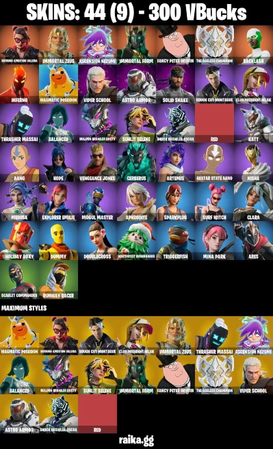 44 skins | Burning Ambition Valeria | Immortal Zeus | Ascension Nezumi | Immortal Form | Fancy Peter Griffin | A3083
