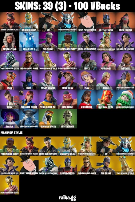39 skins | Burning Ambition Valeria | Knight's Helm | On | Harbinger Armor Omegarok | Fancy Peter Griffin | A3092