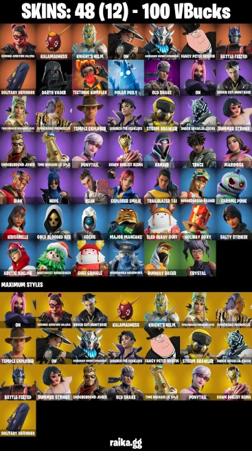 48 skins | Burning Ambition Valeria | Kalamadness | Knight's Helm | On | Harbinger Armor Omegarok | Fancy Peter Griffin | A3095
