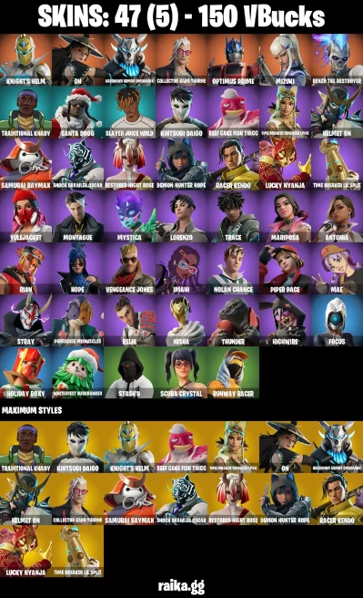 47 skins | Mizuki | Knight's Helm | On | Harbinger Armor Omegarok | Collector Kado Thorne | Optimus Prime | A3100