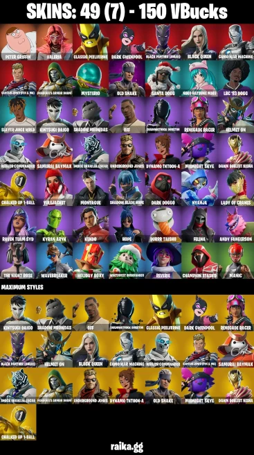 49 skins | Peter Griffin | Valeria | Classic Peelverine | Dark Gwenpool | Black Panther (Shuri) | Black Queen | A3102