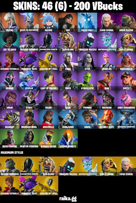 46 skins | Mizuki | Renzo the Destroyer | Nezumi | Era | Polar Peely | Viper School | Doom Slayer | LBC '93 Dogg | A3107