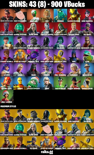 43 skins | Burning Ambition Valeria | Fancy Peter Griffin | Backlash | Zeus | Poseidon | Classic Peelverine | A3108