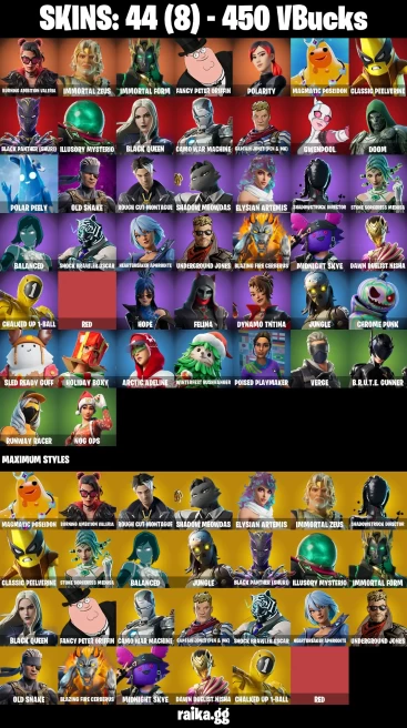 44 skins | Burning Ambition Valeria | Immortal Zeus | Immortal Form | Fancy Peter Griffin | Polarity | Magmatic Poseidon | A3112