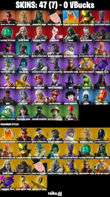 47 skins | Burning Ambition Valeria | Immortal Zeus | Immortal Form | Fancy Peter Griffin | Magmatic Poseidon | A3116