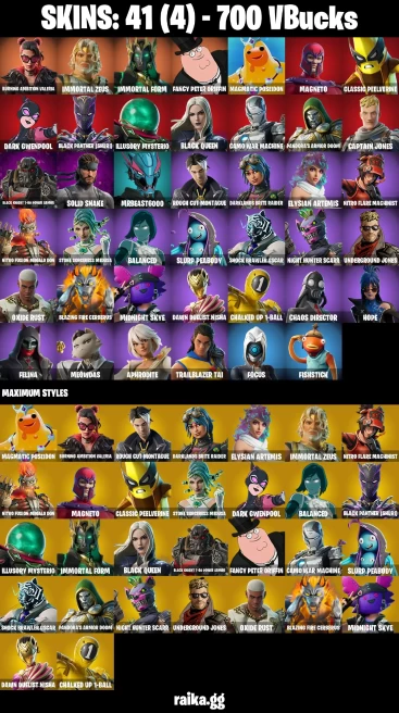 41 skins | Burning Ambition Valeria | Immortal Zeus | Immortal Form | Fancy Peter Griffin | Magmatic Poseidon | Magneto | A3123