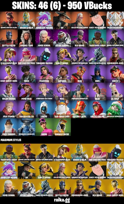 46 skins | Burning Ambition Valeria | Knight's Helm | Ascension Nezumi | On | Collector Kado Thorne | A3126