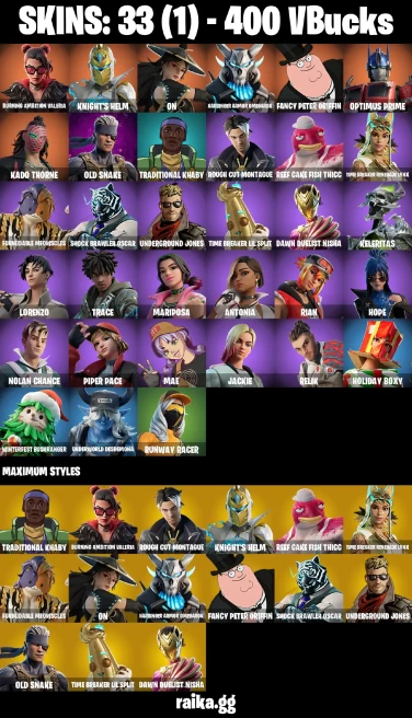 33 skins | Burning Ambition Valeria | Knight's Helm | On | Harbinger Armor Omegarok | Fancy Peter Griffin | A3138