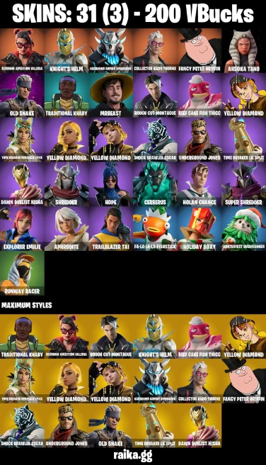 31 skins | Burning Ambition Valeria | Knight's Helm | Harbinger Armor Omegarok | Collector Kado Thorne | A3140