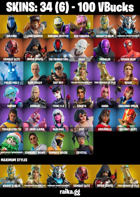 34 skins | Spider-Man | Sultura | Lina Scorch | Subzero Cryptic | Vivi Chroma | Knight's Helm | Harbinger Armor Omegarok | A3141
