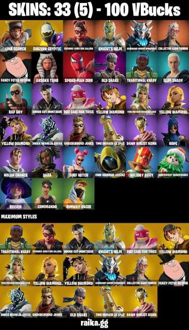 33 skins | Spider-Man Zero | Lina Scorch | Subzero Cryptic | Burning Ambition Valeria | Knight's Helm | A3143