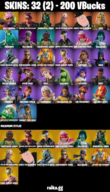 32 skins | Vivi Chroma | Burning Ambition Valeria | Immortal Form | Collector Kado Thorne | Fancy Peter Griffin | Zeus | A3145