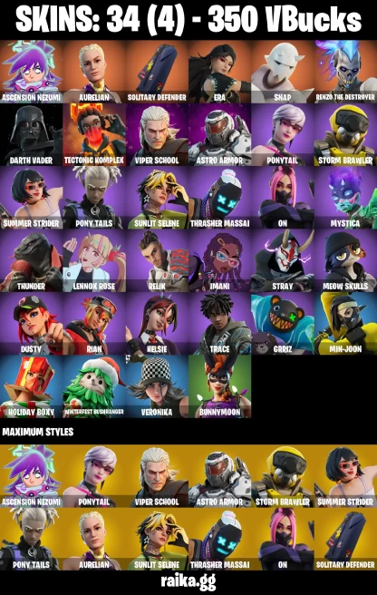 34 skins | Ascension Nezumi | Aurelian | Solitary Defender | Era | Snap | Renzo the Destroyer | Darth Vader | A3146