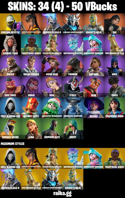 34 skins | Subzero Cryptic | Magmatic Mizuki (Cover-up Off) | Rococo Cloak-o | Harbinger Armor Omegarok | Knight's Helm | A3150