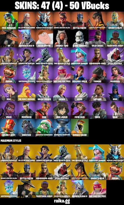 47 skins | Eren Jaeger | Peter Griffin | FNCS Renegade | Collector Kado Thorne | Harbinger Armor Omegarok | A3163