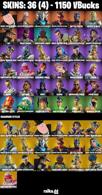 36 skins | Fancy Peter Griffin | Collector Kado Thorne | Harbinger Armor Omegarok | Burning Ambition Valeria | A3176