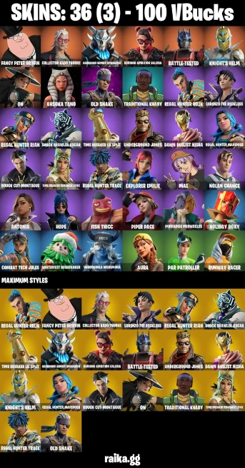 36 skins | Fancy Peter Griffin | Collector Kado Thorne | Harbinger Armor Omegarok | Burning Ambition Valeria | A3179