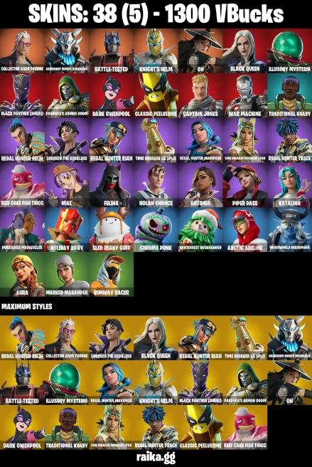 38 skins | Collector Kado Thorne | Harbinger Armor Omegarok | Battle-Tested | Knight's Helm | On | Black Queen | A3181