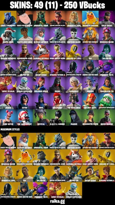 49 skins | Cobalt Snowfoot | Fancy Peter Griffin | Immortal Form | Burning Ambition Valeria | Immortal Zeus | A3183