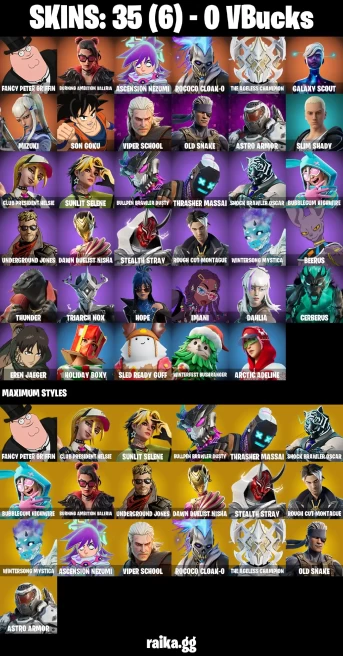 35 skins | Son Goku | Eren Jaeger | Mizuki | Fancy Peter Griffin | Burning Ambition Valeria | Ascension Nezumi | A3185