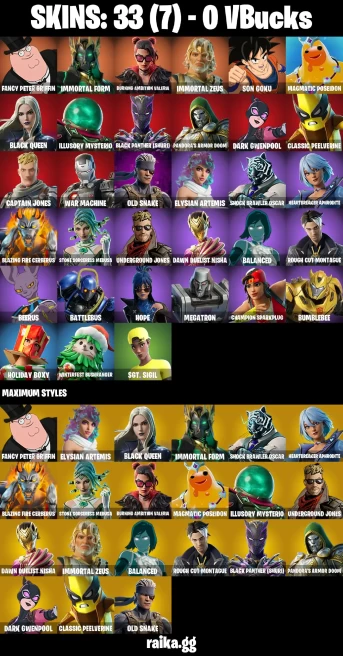 33 skins | Son Goku | Eren Jaeger | Mizuki | Fancy Peter Griffin | Burning Ambition Valeria | Ascension Nezumi | A3186