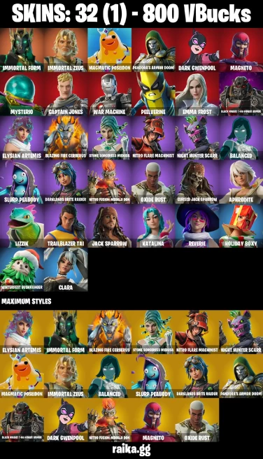 32 skins | Immortal Form | Immortal Zeus | Magmatic Poseidon | Pandora's Armor Doom | Dark Gwenpool | Magneto | Mysterio | A3187