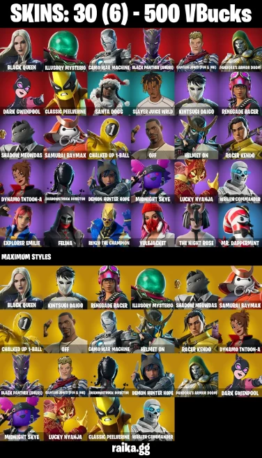 30 skins | Black Queen | Illusory Mysterio | Camo War Machine | Black Panther (Shuri) | Captain Jones (Pen & Ink) | A3193