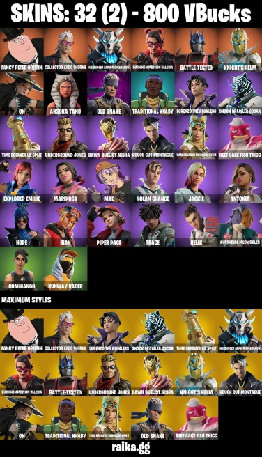 32 skins | Fancy Peter Griffin | Collector Kado Thorne | Harbinger Armor Omegarok | Burning Ambition Valeria | A3195