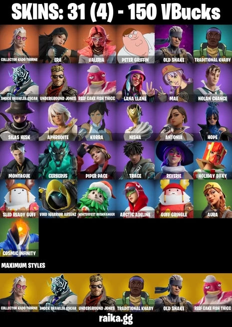 31 skins | Peter Griffin | Collector Kado Thorne | Era | Valeria | Old Snake | Traditional Khaby | Shock Brawler Oscar | A3198