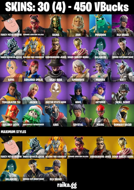30 skins | Fancy Peter Griffin | Burning Ambition Valeria | Hades | Zeus | Poseidon | Old Snake | Shock Brawler Oscar | A3203