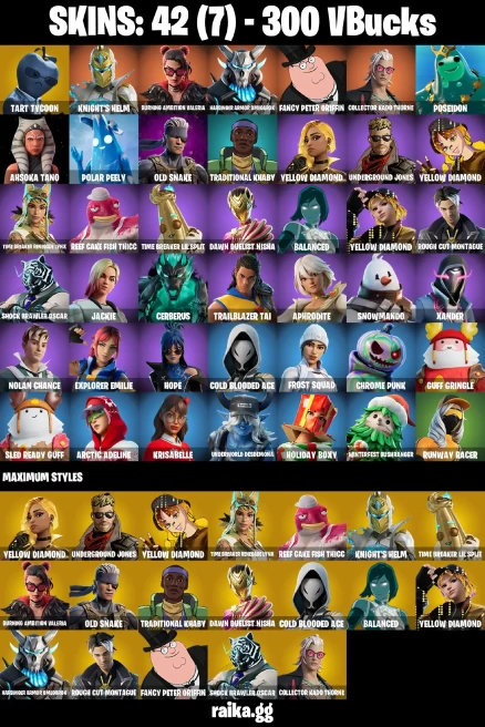 42 skins | Tart Tycoon | Knight's Helm | Burning Ambition Valeria | Harbinger Armor Omegarok | Fancy Peter Griffin | A3210