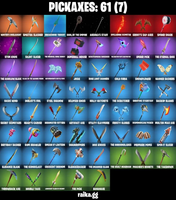 42 skins | Tart Tycoon | Knight's Helm | Burning Ambition Valeria | Harbinger Armor Omegarok | Fancy Peter Griffin | A3210