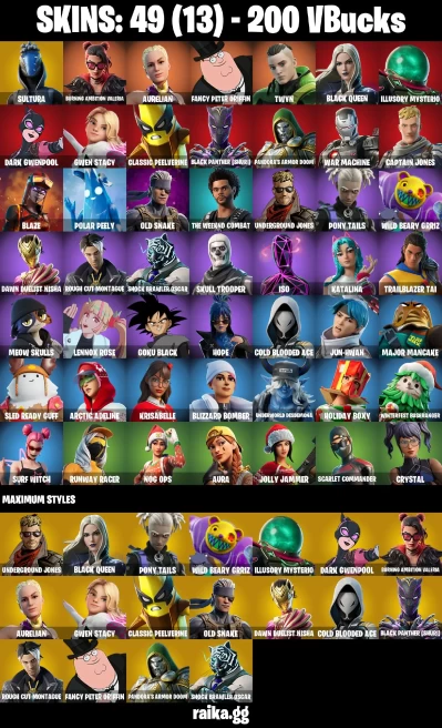 49 skins | Skull Trooper | Sultura | Burning Ambition Valeria | Aurelian | Fancy Peter Griffin | Twyn | Black Queen | A3216