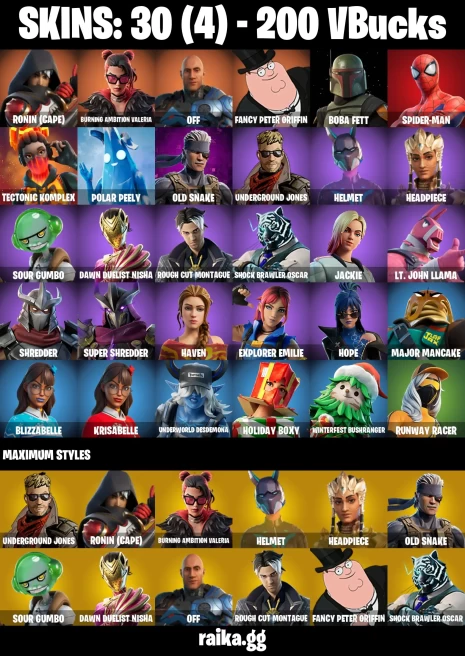 30 skins | Spider-Man | Ronin (Cape) | Burning Ambition Valeria | off | Fancy Peter Griffin | Boba Fett | A3219