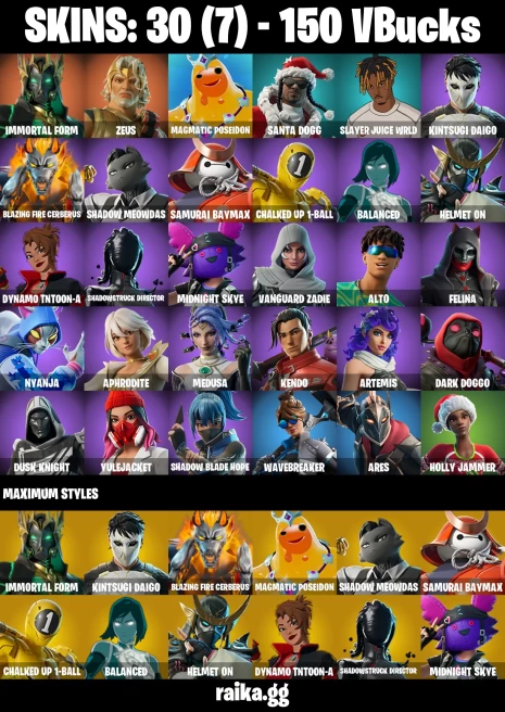 30 skins | Immortal Form | Zeus | Magmatic Poseidon | Santa Dogg | Slayer Juice WRLD | Kintsugi Daigo | A3224