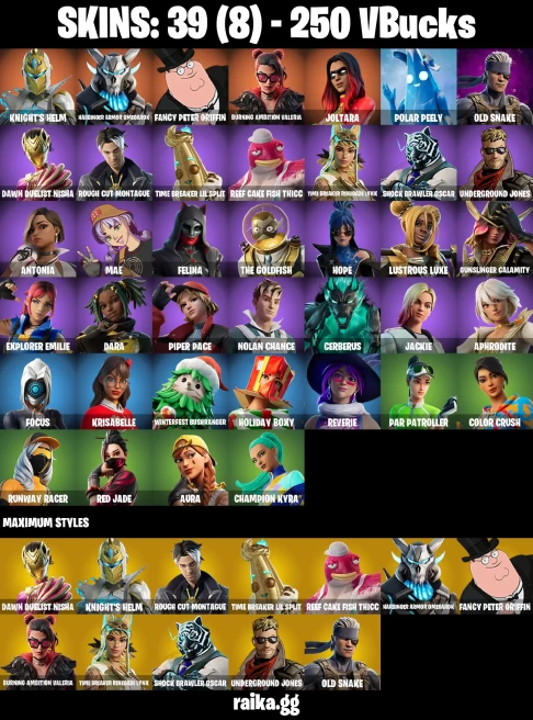 39 skins | Joltara | Knight's Helm | Harbinger Armor Omegarok | Fancy Peter Griffin | Burning Ambition Valeria | A3231