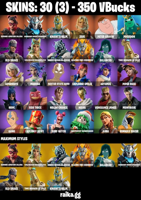 30 skins | Peter Griffin | Burning Ambition Valeria | Harbinger Armor Omegarok | Knight's Helm | Zeus | Poseidon | A3247