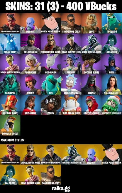 31 skins | Burning Ambition Valeria | Droopy | Fancy Peter Griffin | Sandstone Joey | Zeus | Poseidon | Polar Peely | A3249