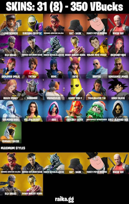 31 skins | Lina Scorch | Subzero Cryptic | Burning Ambition Valeria | HAT - DARK | Fancy Peter Griffin | MASK OFF | A3250