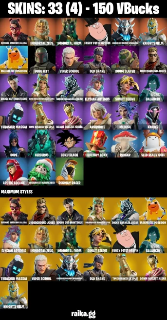 33 skins | Burning Ambition Valeria | Immortal Zeus | Immortal Form | Fancy Peter Griffin | Harbinger Armor Omegarok | A3253