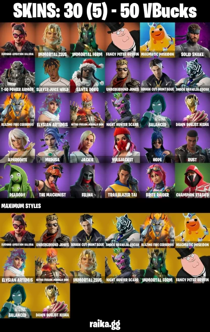 30 skins | Burning Ambition Valeria | Immortal Zeus | Immortal Form | Fancy Peter Griffin | Magmatic Poseidon | A3254