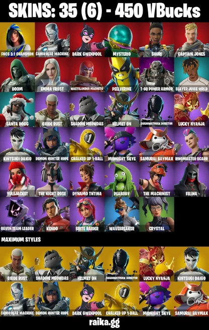 35 skins | FNCS 3:1 Champion | Camo War Machine | Dark Gwenpool | Mysterio | Shuri | Captain Jones | Doom | Emma Frost | A3255